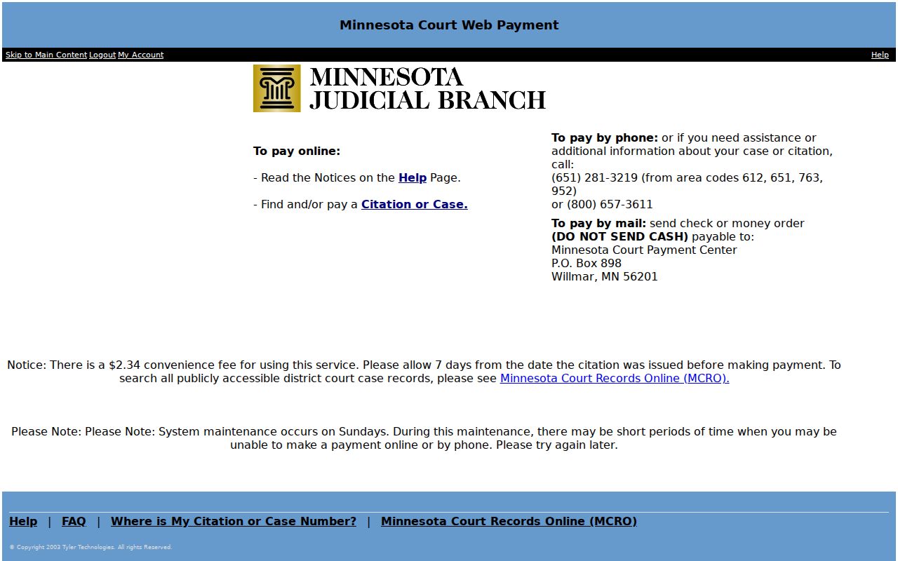Minnesota court payment portal used for Marshall County traffic warrant records