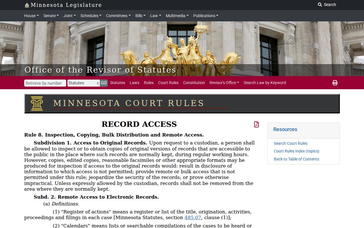 Minnesota public access rule text for Marshall County bench warrant records