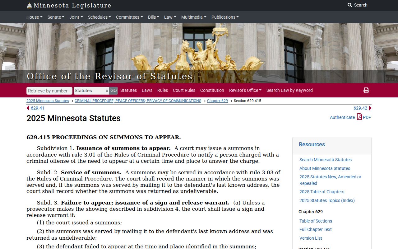 Minnesota statute text on sign and release warrants for Marshall County bench warrant records