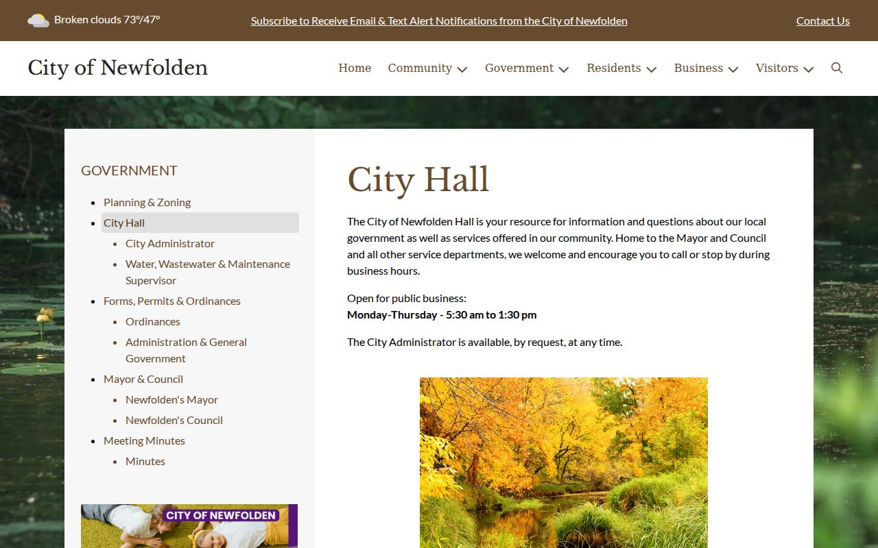 Newfolden City Hall page checked for a Marshall County warrant records route