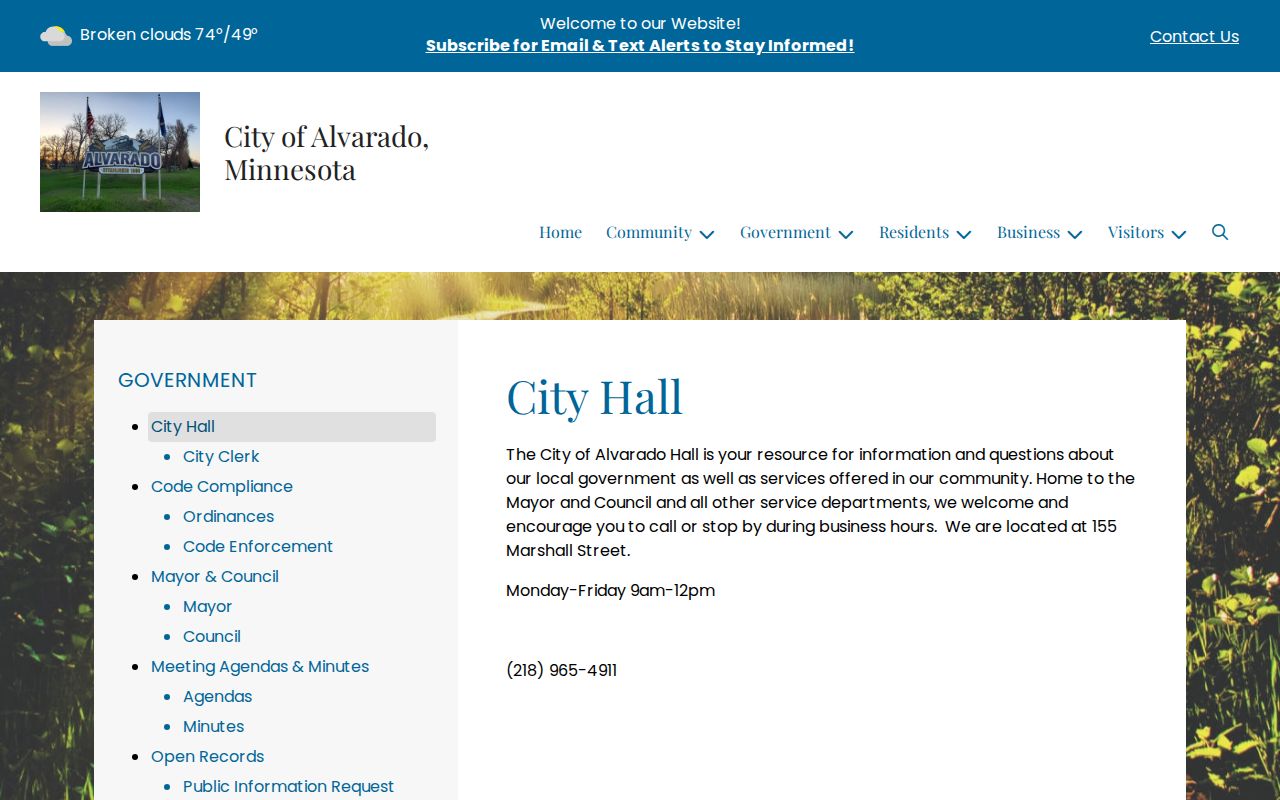 Alvarado City Hall page reviewed for a Marshall County warrant records route