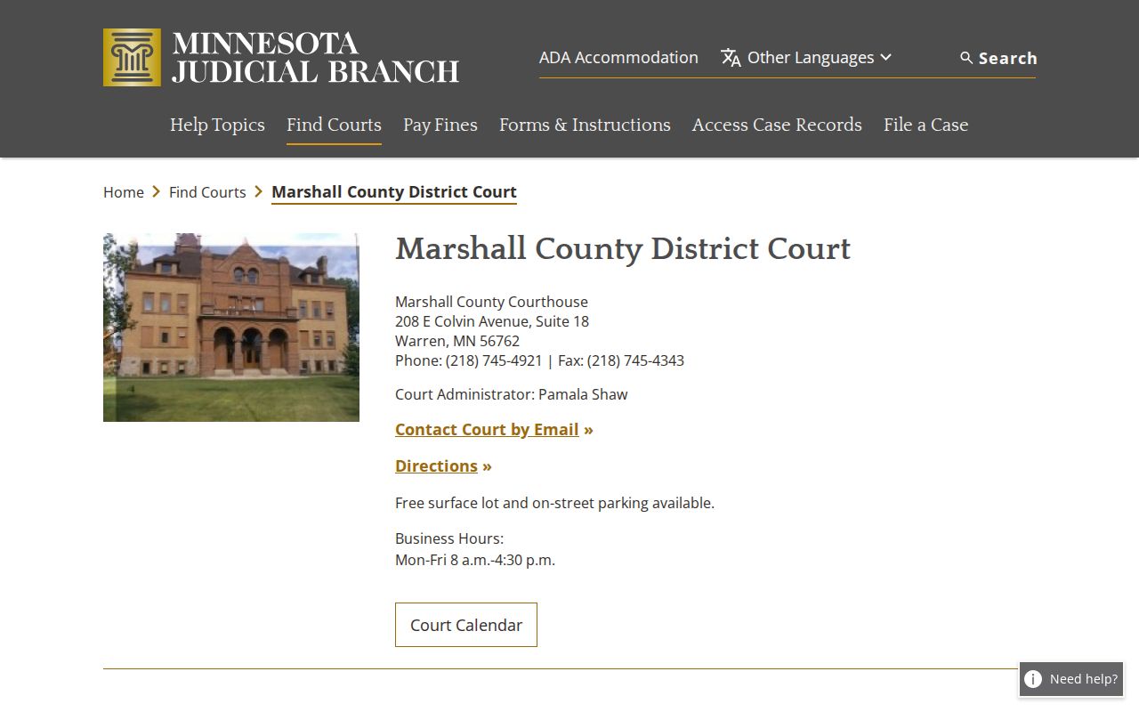 Marshall County District Court listing for Marshall County warrant records