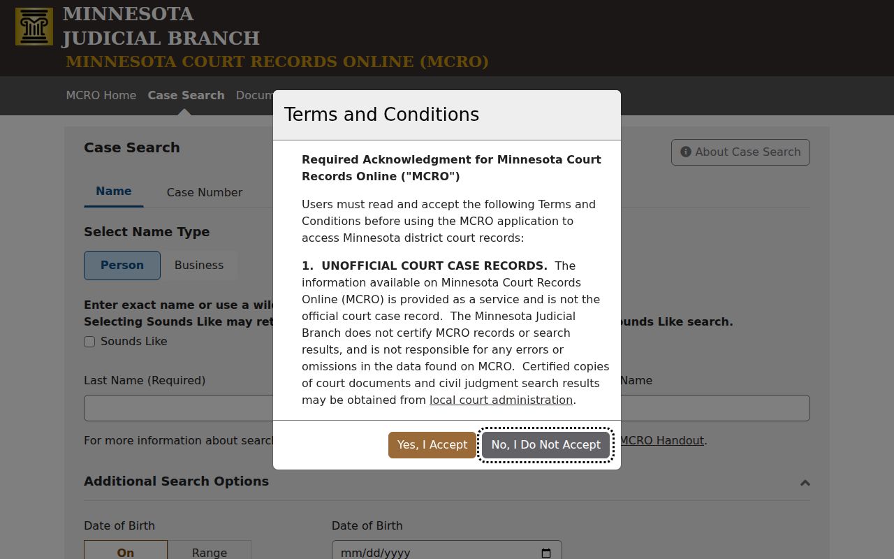 Minnesota Court Records Online search tabs used for Marshall County warrant records